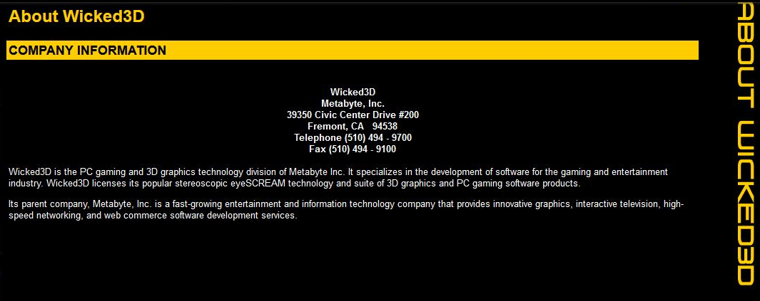 Media asset (photo, screenshot, or image in full size) related to contents posted at 3dfxzone.it | Image Name: Metabyte_WICKED3D_Company_Information.bmp